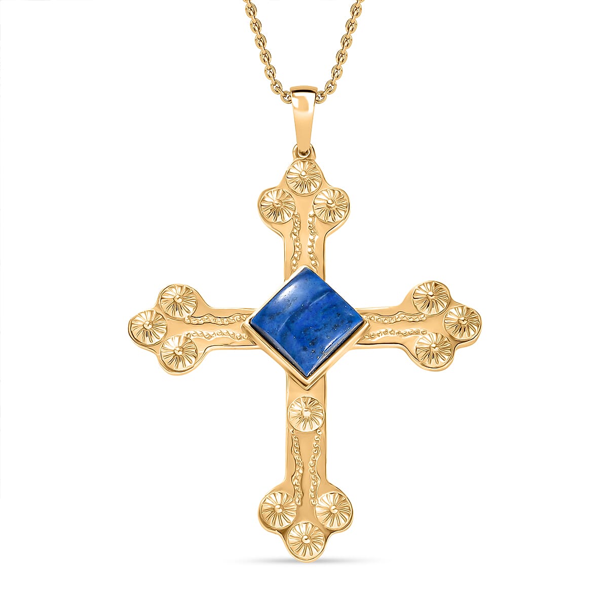 EverTrue Lapis Lagoon Cross Pendant with Chain (Size - 20) in Yellow Gold Tone 7.17 Ct.