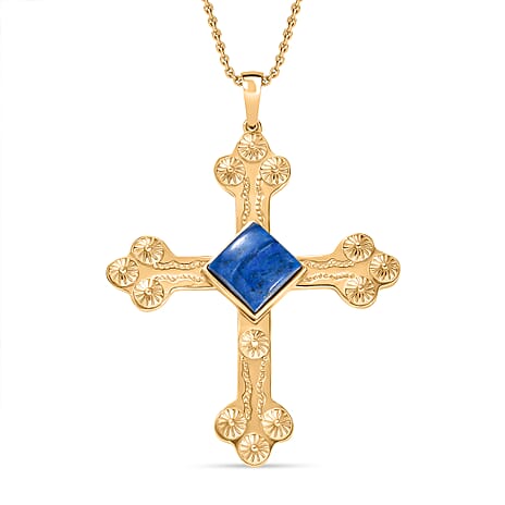 EverTrue Lapis Lagoon Cross Pendant with Chain (Size - 20) in Yellow Gold Tone 7.17 Ct.