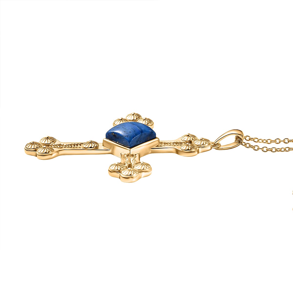 EverTrue Lapis Lagoon Cross Pendant with Chain (Size - 20) in Yellow Gold Tone 7.17 Ct.