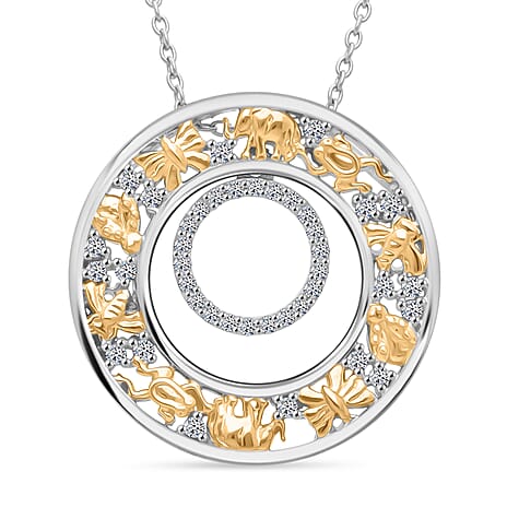 GP Italian Garden Collection - White Diamond Kanchanaburi Blue Sapphire Pendant with Chain (Size 18 - 2) in Rhodium Overlay & Yellow Gold Plated Sterling Silver