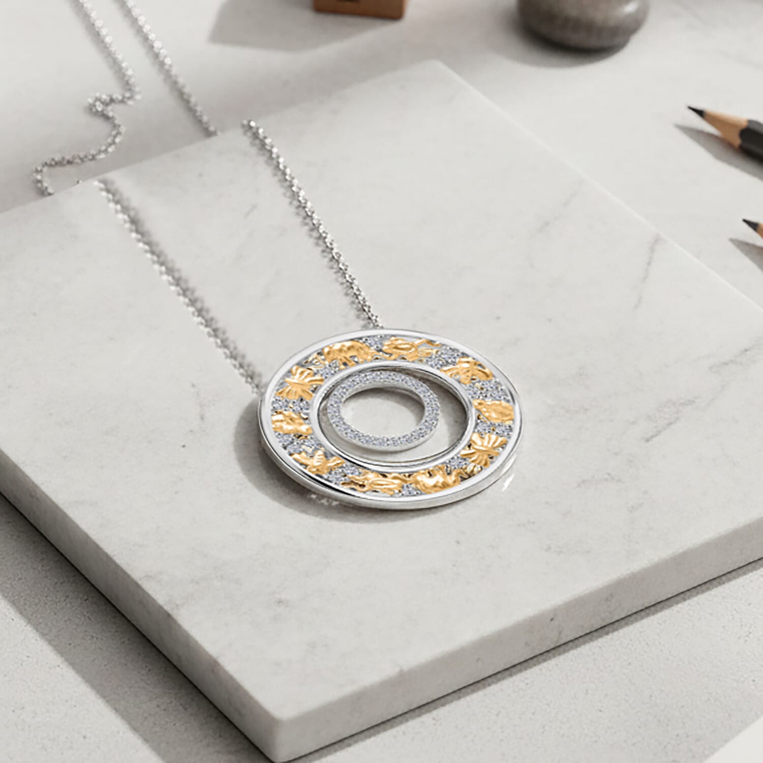 GP Italian Garden Collection - White Diamond Kanchanaburi Blue Sapphire Pendant with Chain (Size 18 - 2) in Rhodium Overlay & Yellow Gold Plated Sterling Silver