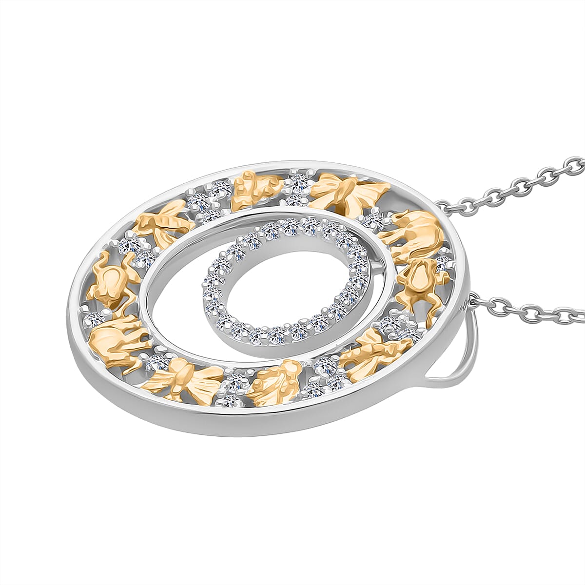 GP Italian Garden Collection - White Diamond Kanchanaburi Blue Sapphire Pendant with Chain (Size 18 - 2) in Rhodium Overlay & Yellow Gold Plated Sterling Silver