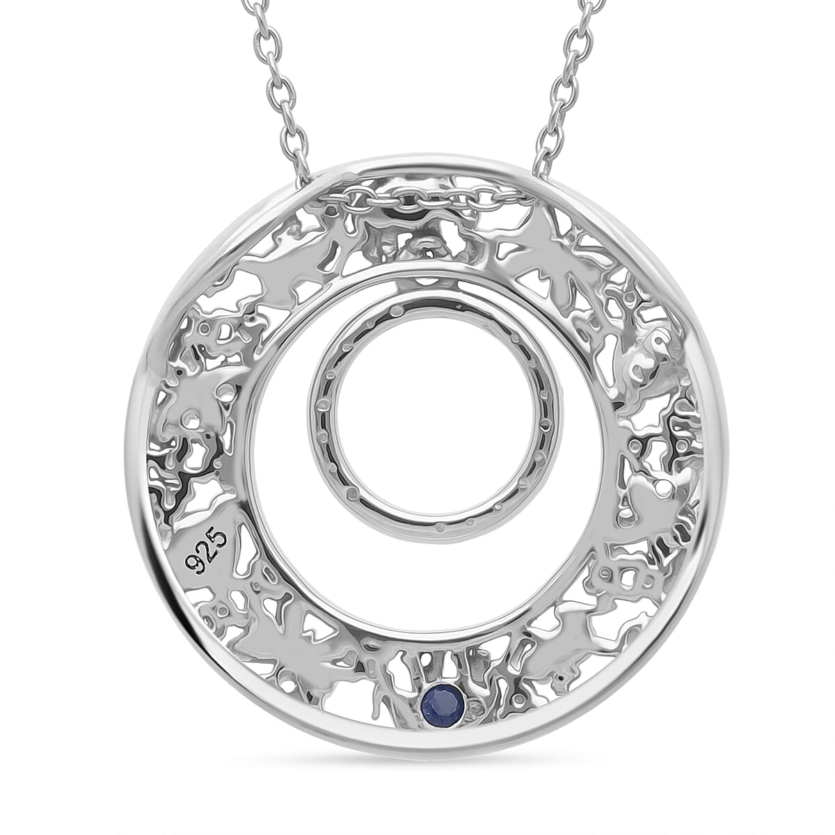 GP Italian Garden Collection - White Diamond Kanchanaburi Blue Sapphire Pendant with Chain (Size 18 - 2) in Rhodium Overlay & Yellow Gold Plated Sterling Silver