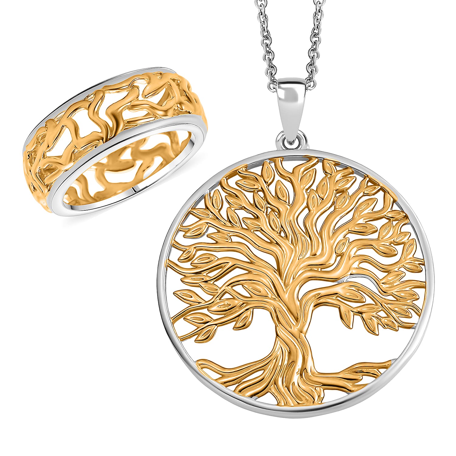 EverTrue 2 Piece Set - Ring (Size K) & Tree of Life Pendant with Chain (Size 20) in Yellow Gold Plated & Platinum Overlay