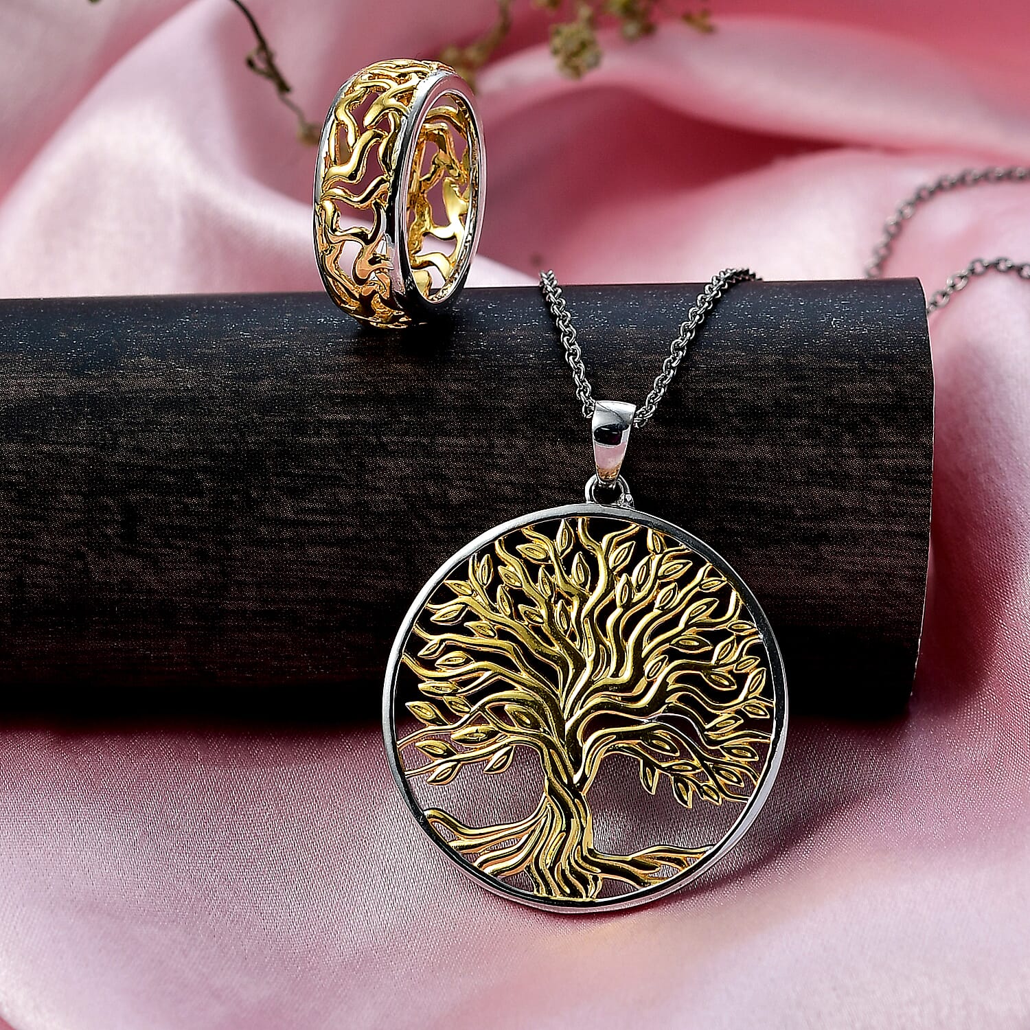 EverTrue 2 Piece Set - Ring (Size K) & Tree of Life Pendant with Chain (Size 20) in Yellow Gold Plated & Platinum Overlay