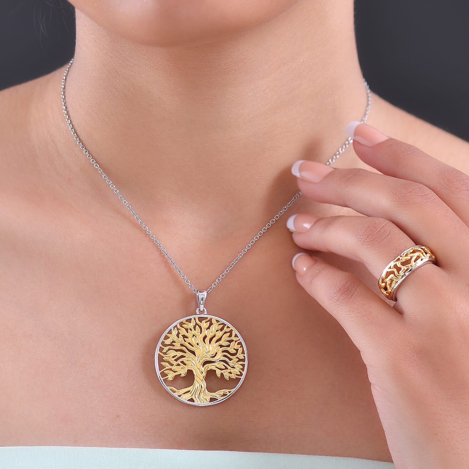 EverTrue 2 Piece Set - Ring (Size K) & Tree of Life Pendant with Chain (Size 20) in Yellow Gold Plated & Platinum Overlay