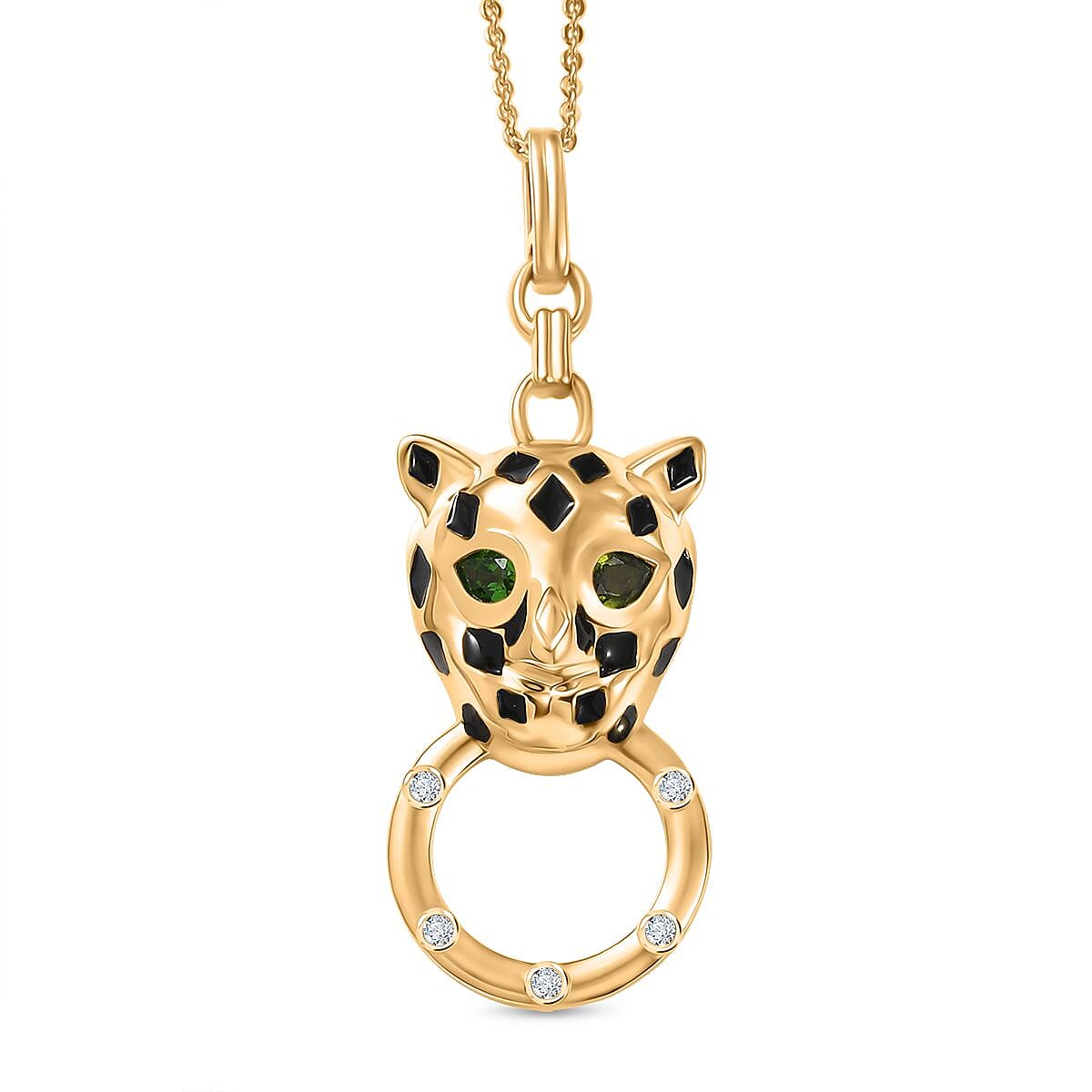 GP Tiger Totem Collection Natural Chrome Diopside, White Zircon & Blue Sapphire Panther Pendant with Chain (Size 20) in 18K Vermeil Yellow Gold Plated Sterling Silver 0.47 Ct, Silver Wt. 6.58 Gms.