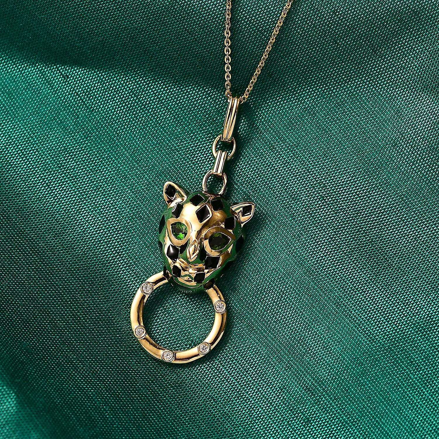 GP Tiger Totem Collection Natural Chrome Diopside, White Zircon & Blue Sapphire Panther Pendant with Chain (Size 20) in 18K Vermeil Yellow Gold Plated Sterling Silver 0.47 Ct, Silver Wt. 6.58 Gms.