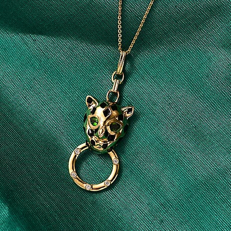 GP Tiger Totem Collection Natural Chrome Diopside, White Zircon & Blue Sapphire Panther Pendant with Chain (Size 20) in 18K Vermeil Yellow Gold Plated Sterling Silver 0.47 Ct, Silver Wt. 6.58 Gms.