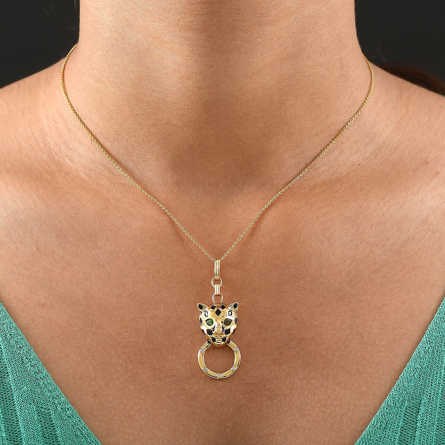 GP Tiger Totem Collection Natural Chrome Diopside, White Zircon & Blue Sapphire Panther Pendant with Chain (Size 20) in 18K Vermeil Yellow Gold Plated Sterling Silver 0.47 Ct, Silver Wt. 6.58 Gms.
