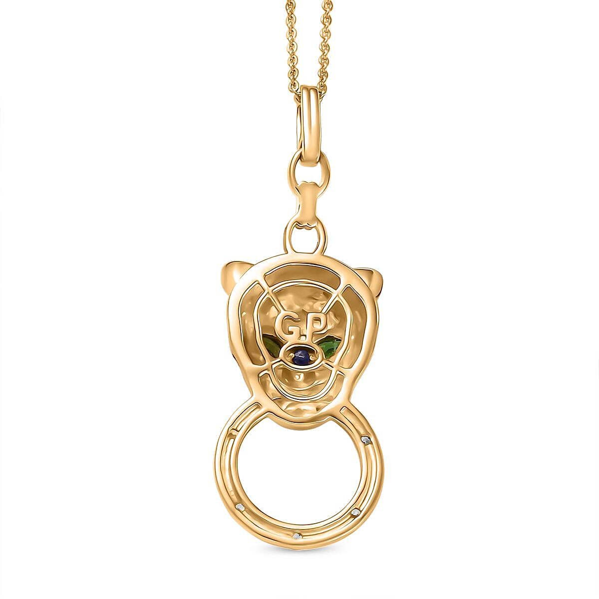 GP Tiger Totem Collection Natural Chrome Diopside, White Zircon & Blue Sapphire Panther Pendant with Chain (Size 20) in 18K Vermeil Yellow Gold Plated Sterling Silver 0.47 Ct, Silver Wt. 6.58 Gms.