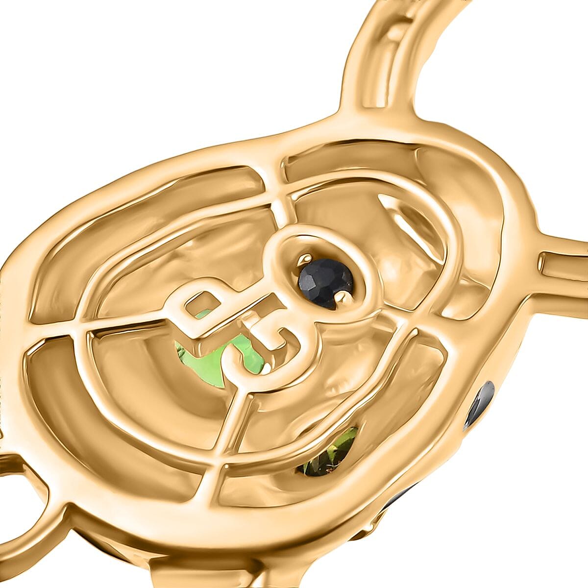 GP Tiger Totem Collection Natural Chrome Diopside, White Zircon & Blue Sapphire Panther Pendant with Chain (Size 20) in 18K Vermeil Yellow Gold Plated Sterling Silver 0.47 Ct, Silver Wt. 6.58 Gms.