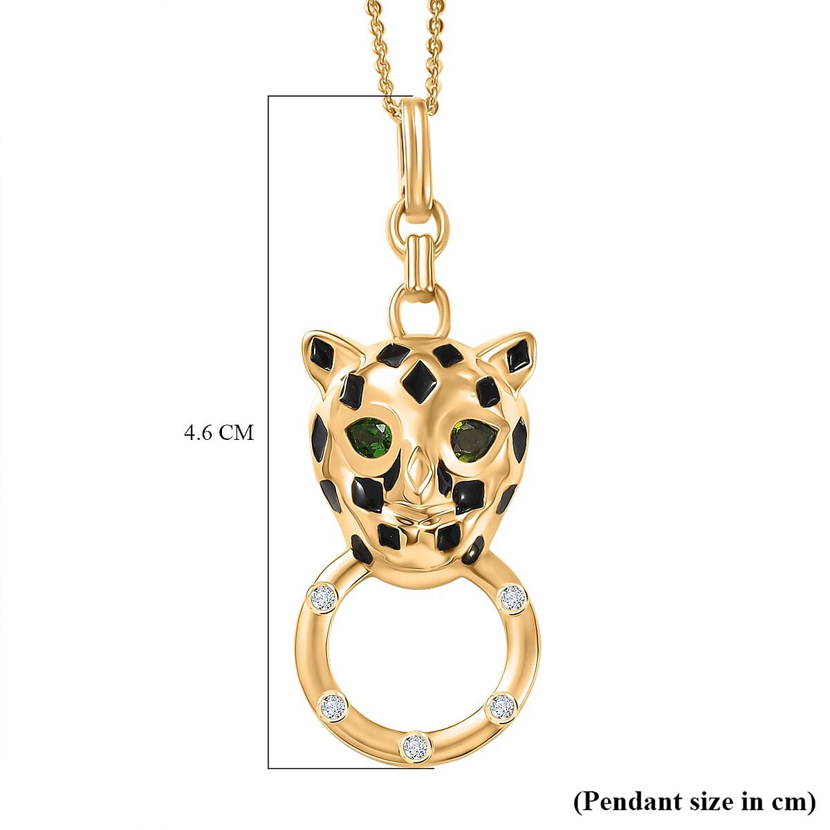 GP Tiger Totem Collection Natural Chrome Diopside, White Zircon & Blue Sapphire Panther Pendant with Chain (Size 20) in 18K Vermeil Yellow Gold Plated Sterling Silver 0.47 Ct, Silver Wt. 6.58 Gms.