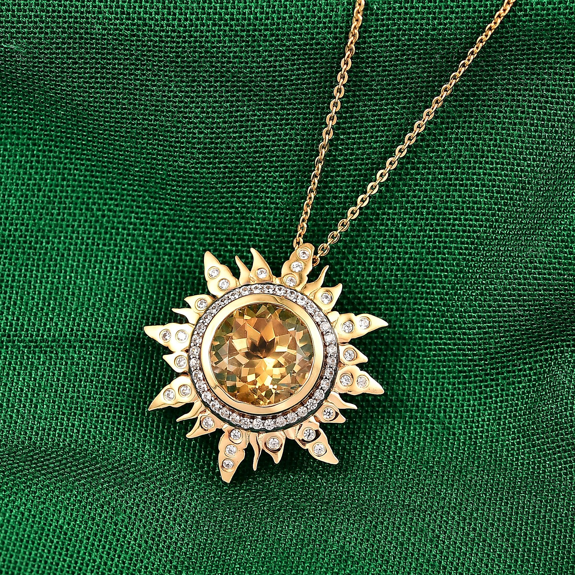 GP- Celestial Dream Collection Citrine, White Zircon & Blue Sapphire Pendant with Chain (Size 20) in 18K Vermeil Yellow Gold Plated Sterling Silver 4.13 Ct, Silver Wt. 5.30 Gms.