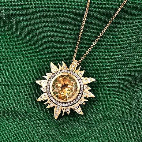 GP- Celestial Dream Collection Citrine, White Zircon & Blue Sapphire Pendant with Chain (Size 20) in 18K Vermeil Yellow Gold Plated Sterling Silver 4.13 Ct, Silver Wt. 5.30 Gms.