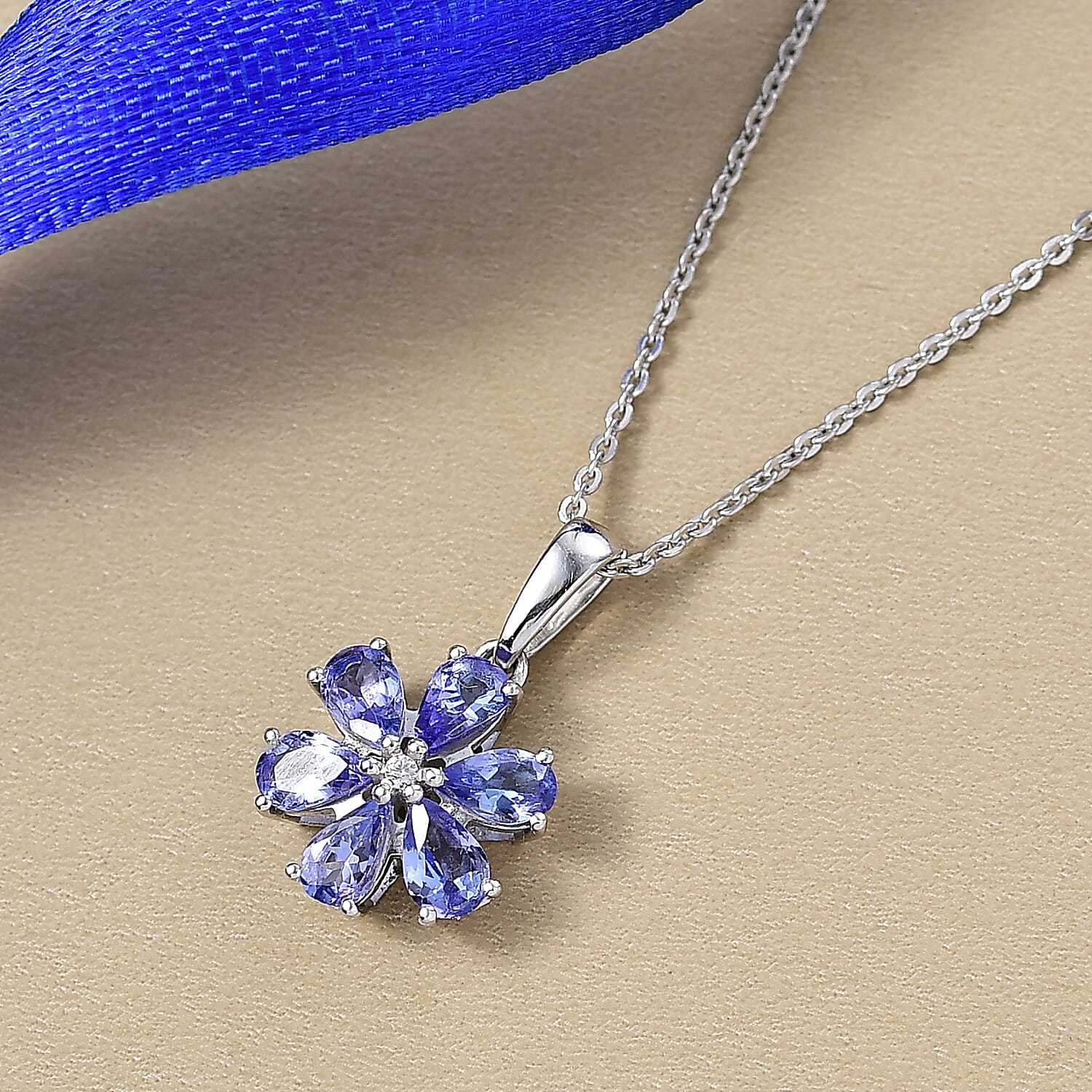 D'Joy Tanzanite & White Zircon Pendant with Chain (Size 20) in Platinum Overlay Sterling Silver 1.20 Ct.