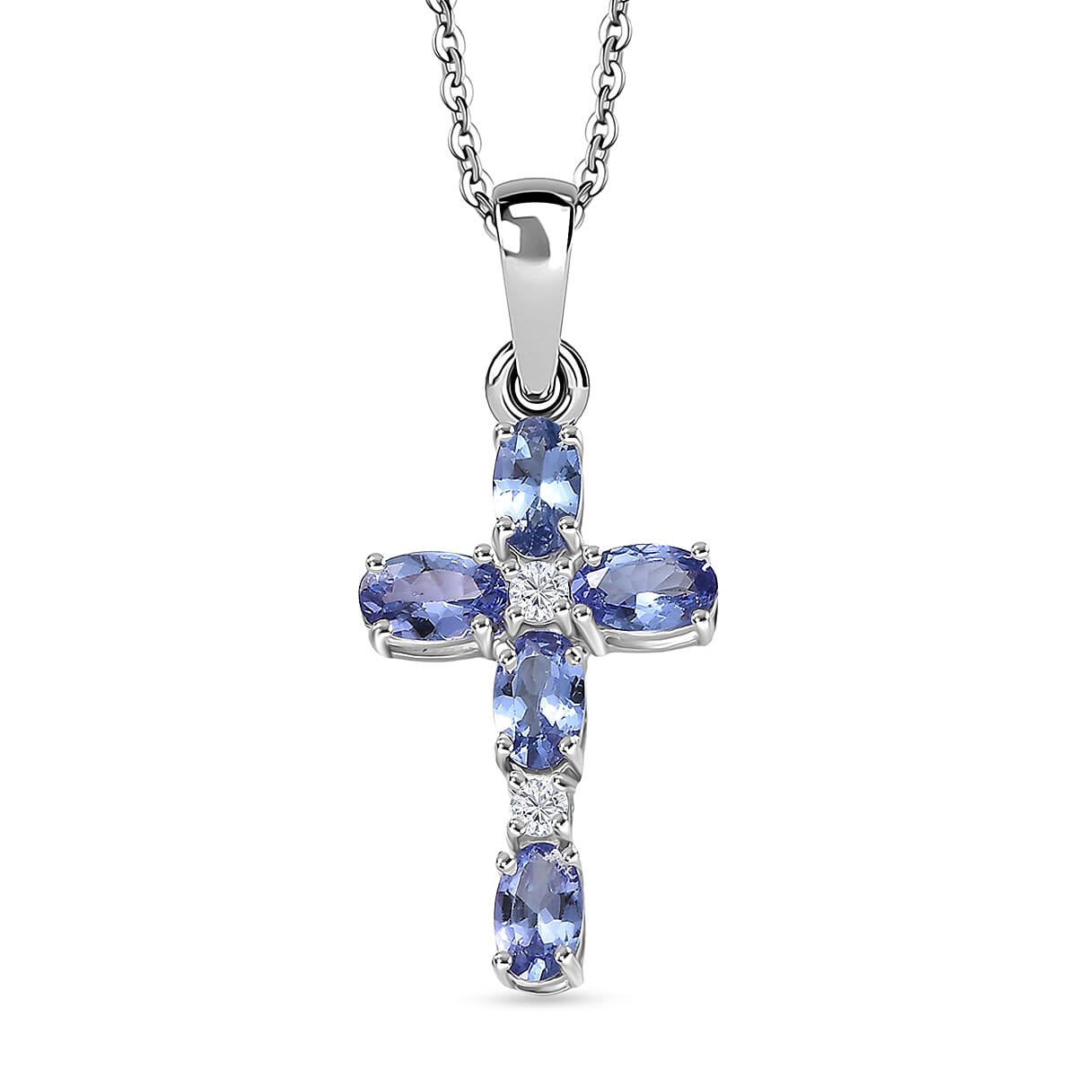 D'Joy Tanzanite & White Zircon Cross Pendant with Chain (Size 20) in Platinum Overlay Sterling Silver 1.27 Ct.