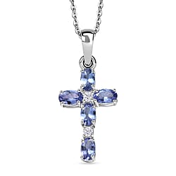D'Joy Tanzanite & White Zircon Cross Pendant with Chain (Size 20) in Platinum Overlay Sterling Silver 1.27 Ct.