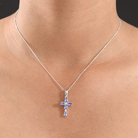 D'Joy Tanzanite & White Zircon Cross Pendant with Chain (Size 20) in Platinum Overlay Sterling Silver 1.27 Ct.