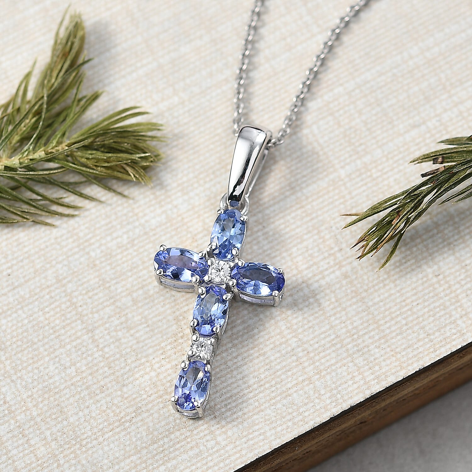 D'Joy Tanzanite & White Zircon Cross Pendant with Chain (Size 20) in Platinum Overlay Sterling Silver 1.27 Ct.
