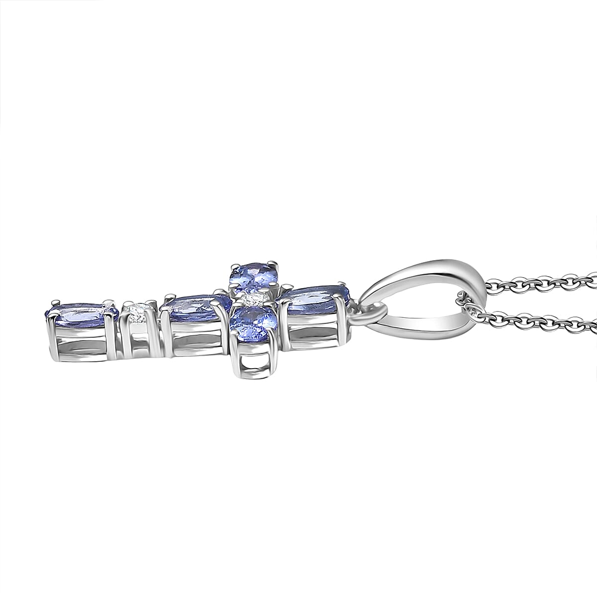 D'Joy Tanzanite & White Zircon Cross Pendant with Chain (Size 20) in Platinum Overlay Sterling Silver 1.27 Ct.