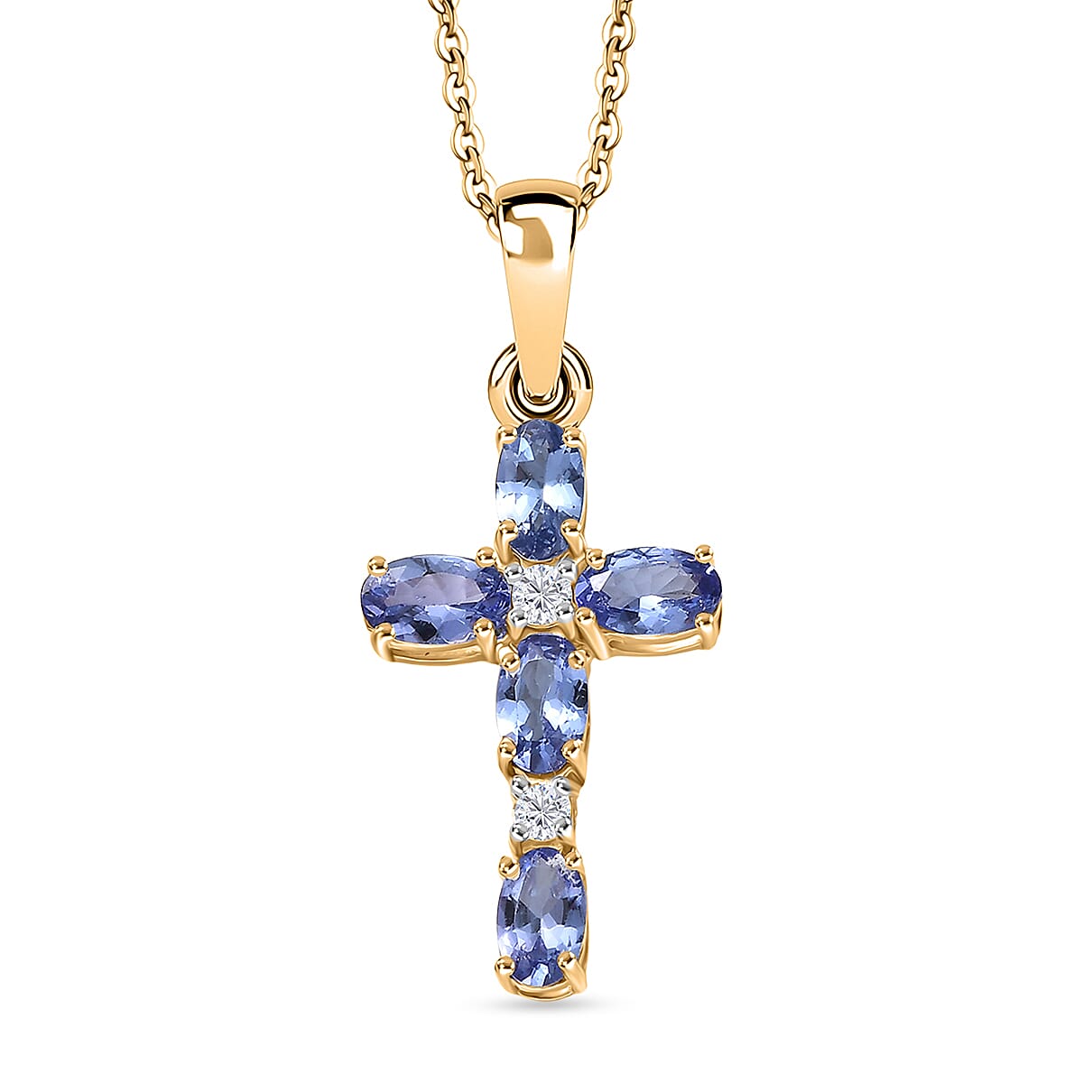 D'Joy Tanzanite & White Zircon Cross Pendant with Chain (Size 20) in 18K Yellow Gold Plated Sterling Silver 1.27 Ct.