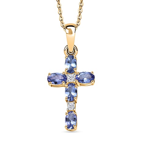 D'Joy Tanzanite & White Zircon Cross Pendant with Chain (Size 20) in 18K Yellow Gold Plated Sterling Silver 1.27 Ct.