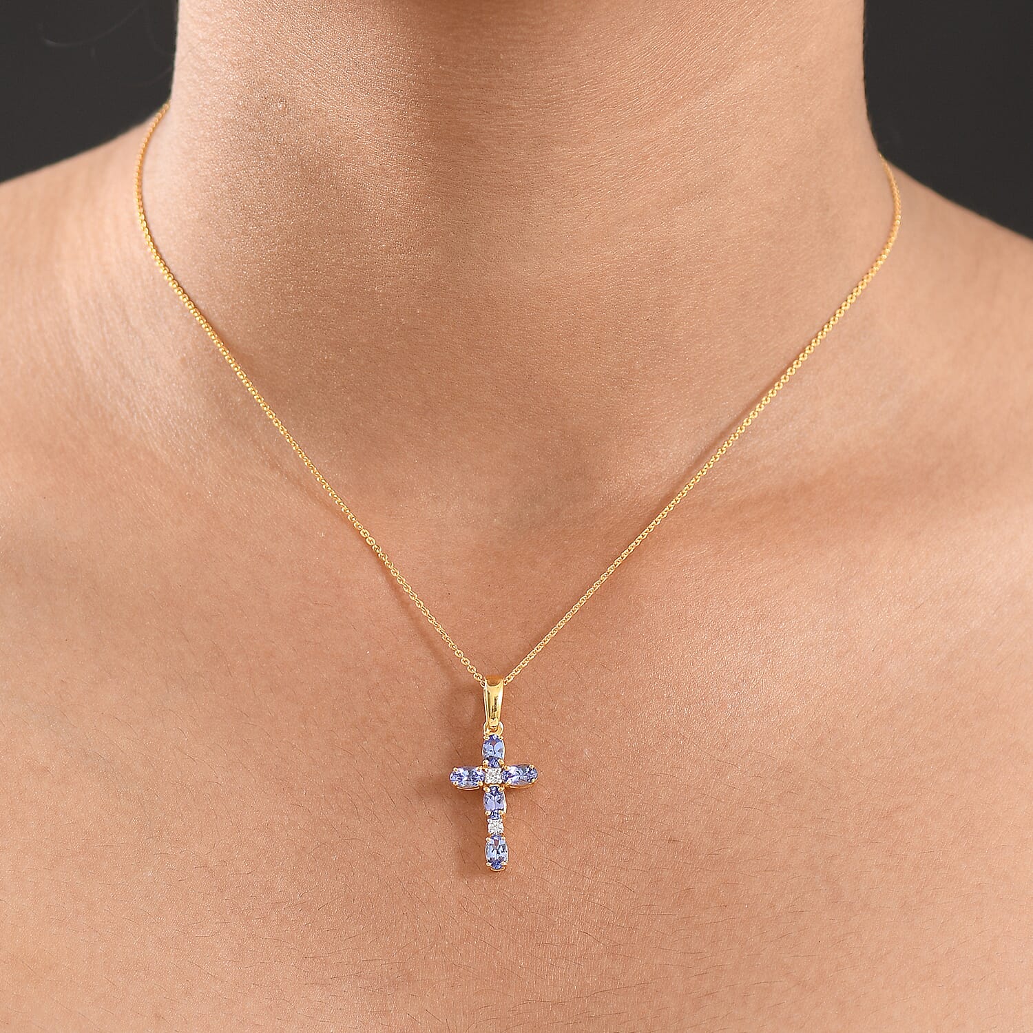 D'Joy Tanzanite & White Zircon Cross Pendant with Chain (Size 20) in 18K Yellow Gold Plated Sterling Silver 1.27 Ct.