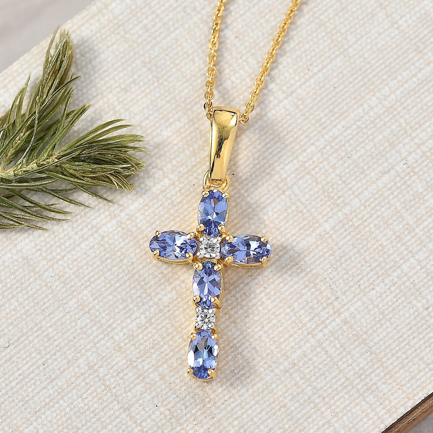 D'Joy Tanzanite & White Zircon Cross Pendant with Chain (Size 20) in 18K Yellow Gold Plated Sterling Silver 1.27 Ct.
