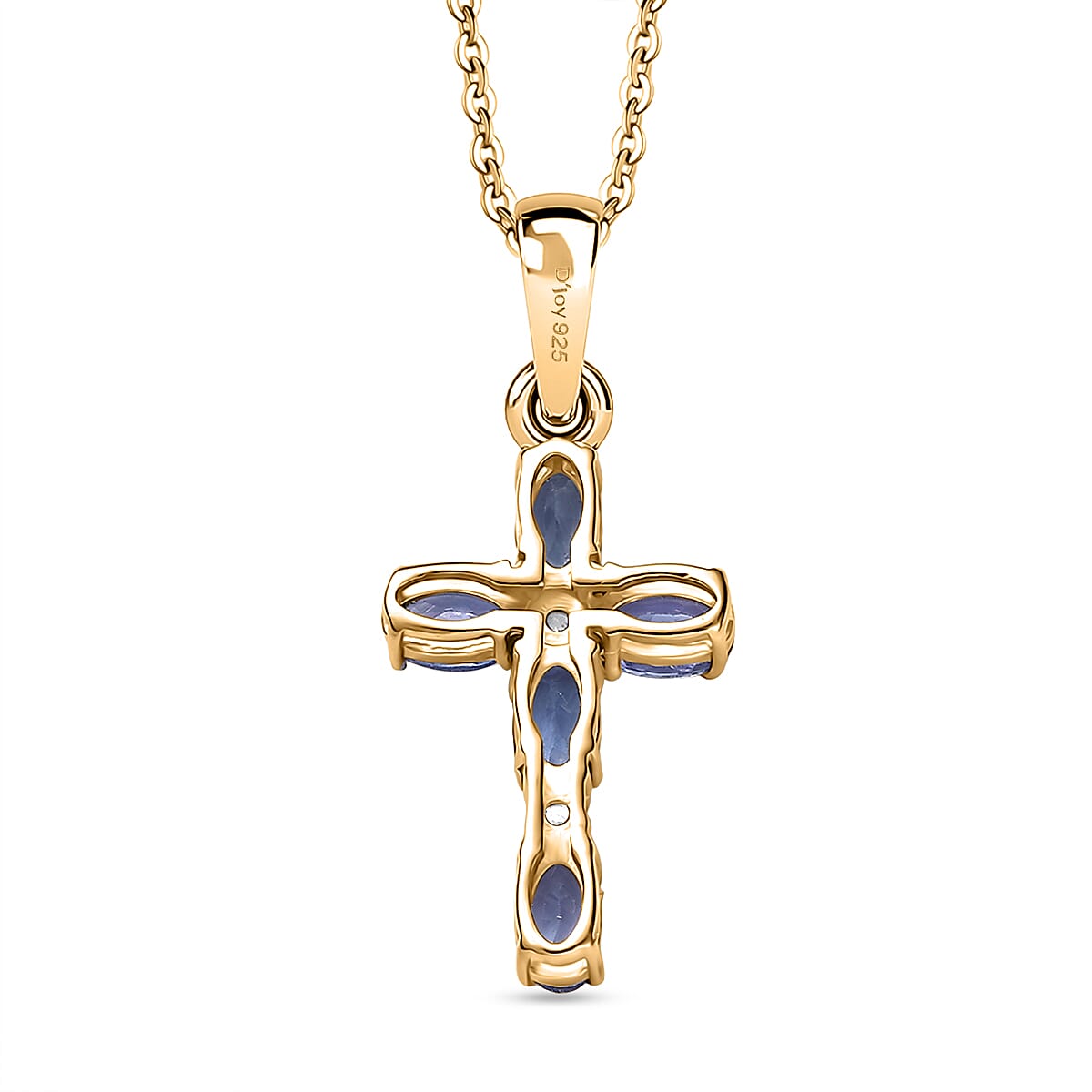 D'Joy Tanzanite & White Zircon Cross Pendant with Chain (Size 20) in 18K Yellow Gold Plated Sterling Silver 1.27 Ct.
