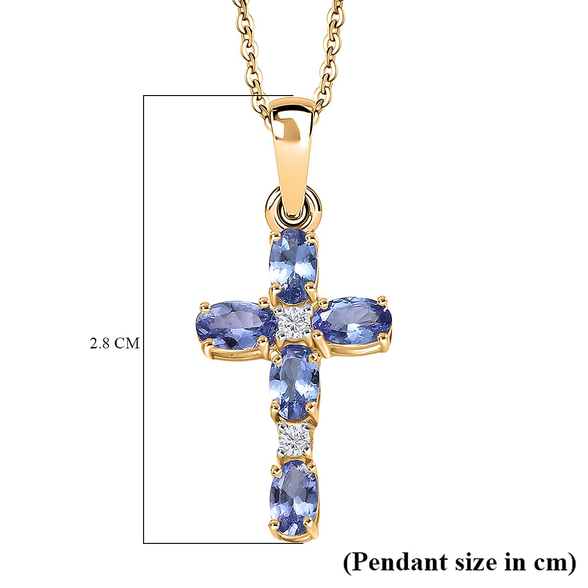 D'Joy Tanzanite & White Zircon Cross Pendant with Chain (Size 20) in 18K Yellow Gold Plated Sterling Silver 1.27 Ct.