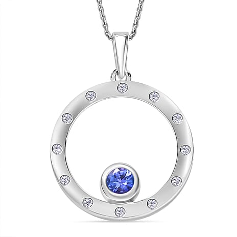 D'Joy Tanzanite & White Zircon Pendant with Chain (Size 20) in Platinum Overlay Sterling Silver