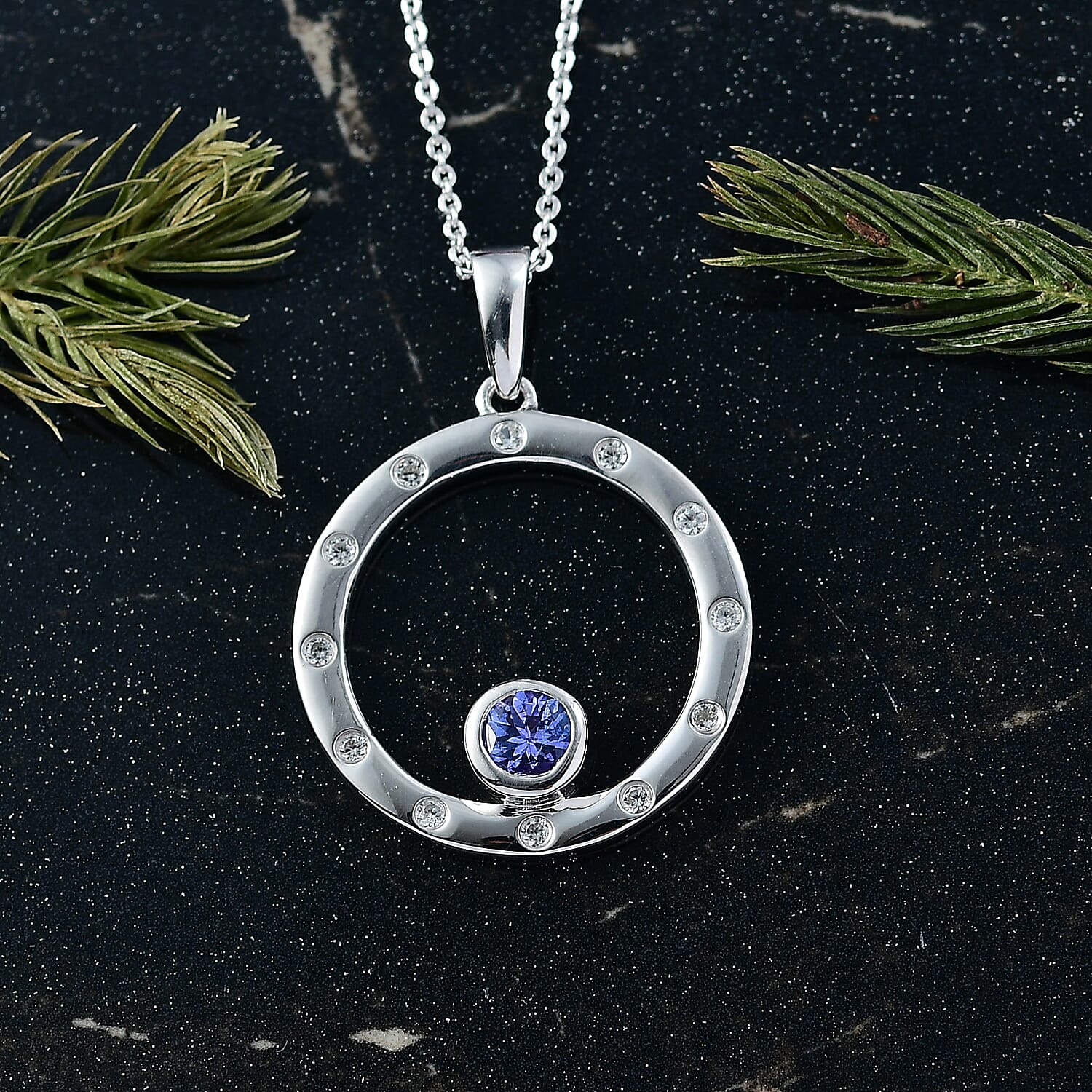 D'Joy Tanzanite & White Zircon Pendant with Chain (Size 20) in Platinum Overlay Sterling Silver