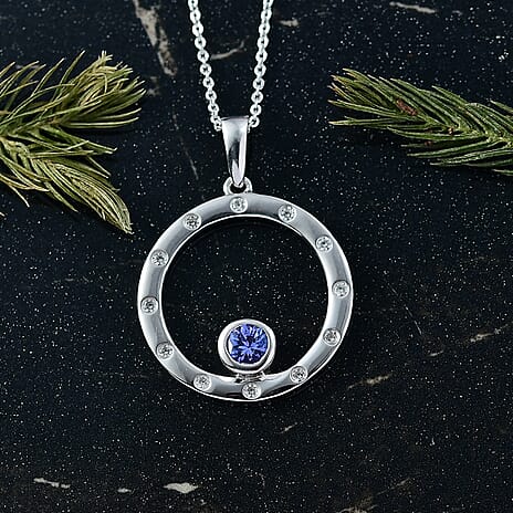 D'Joy Tanzanite & White Zircon Pendant with Chain (Size 20) in Platinum Overlay Sterling Silver