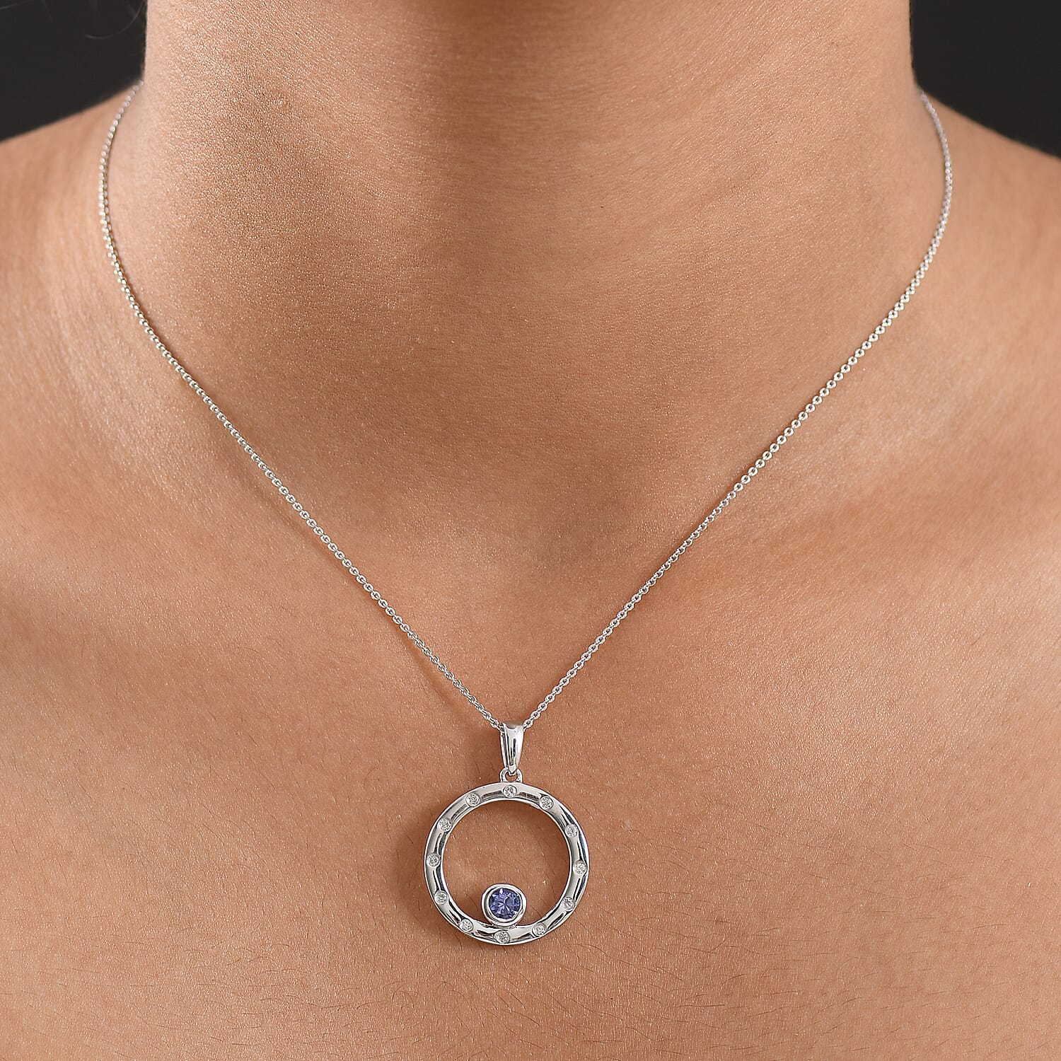 D'Joy Tanzanite & White Zircon Pendant with Chain (Size 20) in Platinum Overlay Sterling Silver