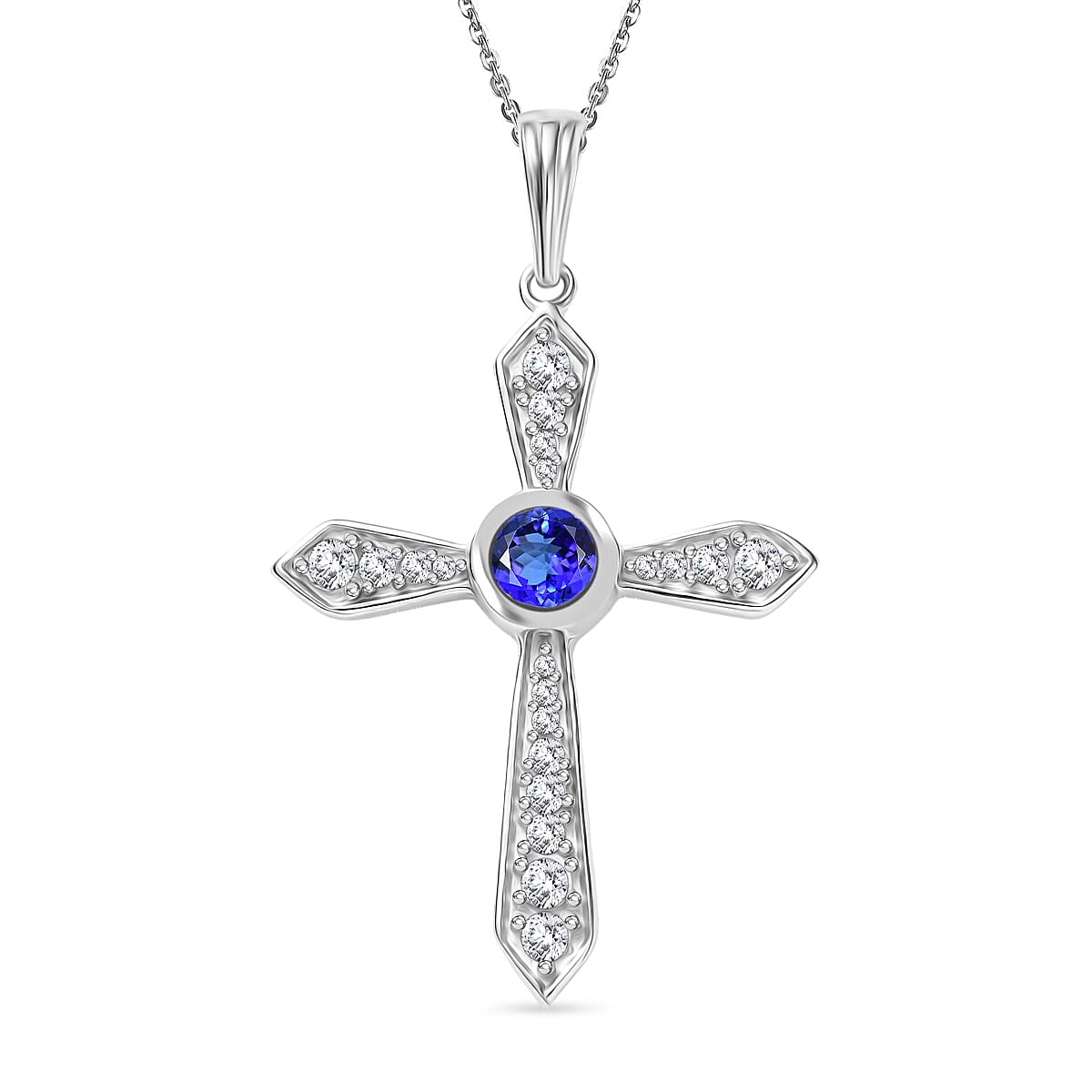 D'Joy Tanzanite & White Zircon Cross Pendant with Chain (Size 20) in Platinum Overlay Sterling Silver