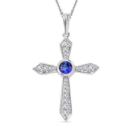 D'Joy Tanzanite & White Zircon Cross Pendant with Chain (Size 20) in Platinum Overlay Sterling Silver