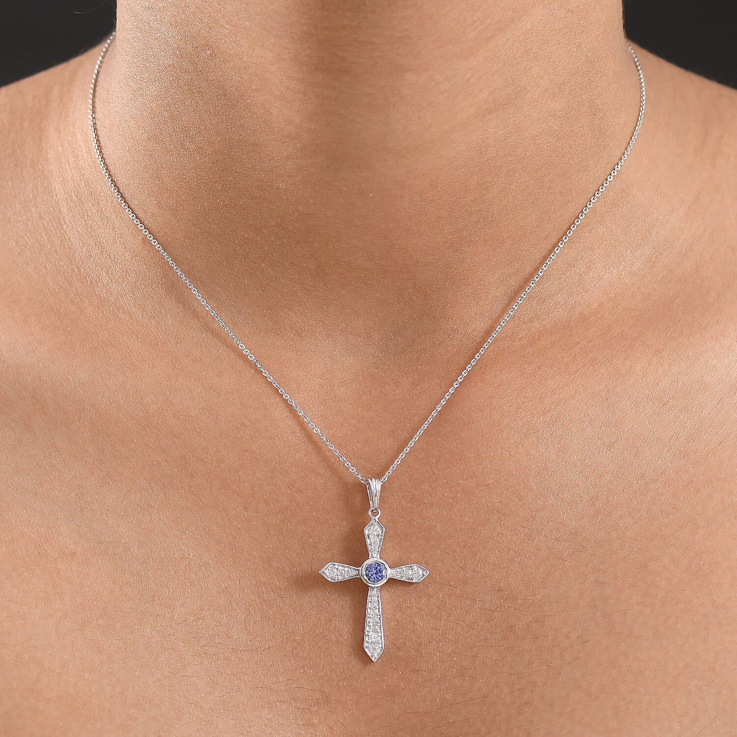 D'Joy Tanzanite & White Zircon Cross Pendant with Chain (Size 20) in Platinum Overlay Sterling Silver