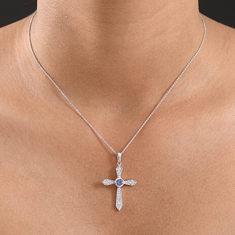 D'Joy Tanzanite & White Zircon Cross Pendant with Chain (Size 20) in Platinum Overlay Sterling Silver