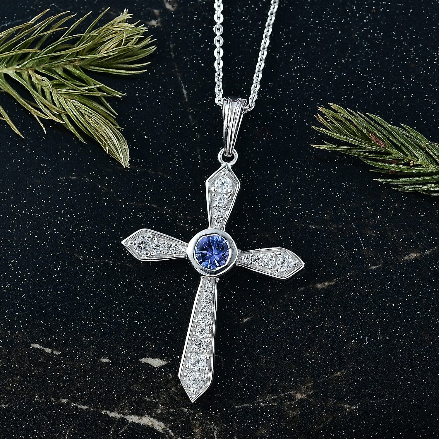 D'Joy Tanzanite & White Zircon Cross Pendant with Chain (Size 20) in Platinum Overlay Sterling Silver