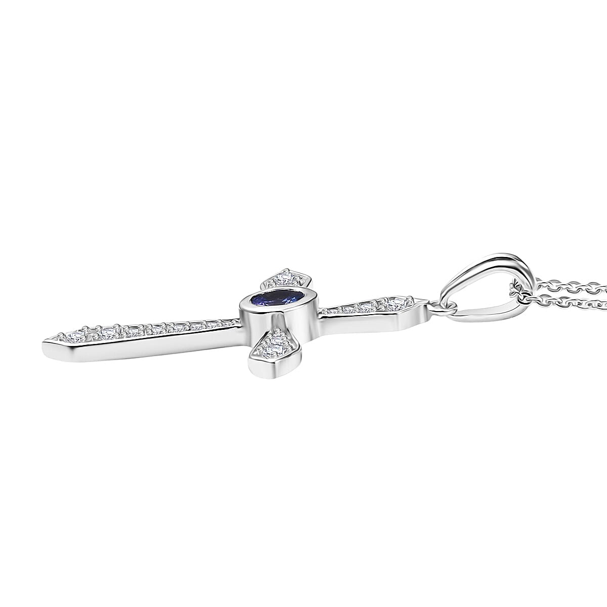 D'Joy Tanzanite & White Zircon Cross Pendant with Chain (Size 20) in Platinum Overlay Sterling Silver