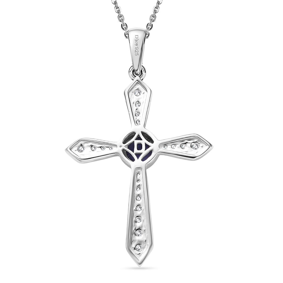 D'Joy Tanzanite & White Zircon Cross Pendant with Chain (Size 20) in Platinum Overlay Sterling Silver