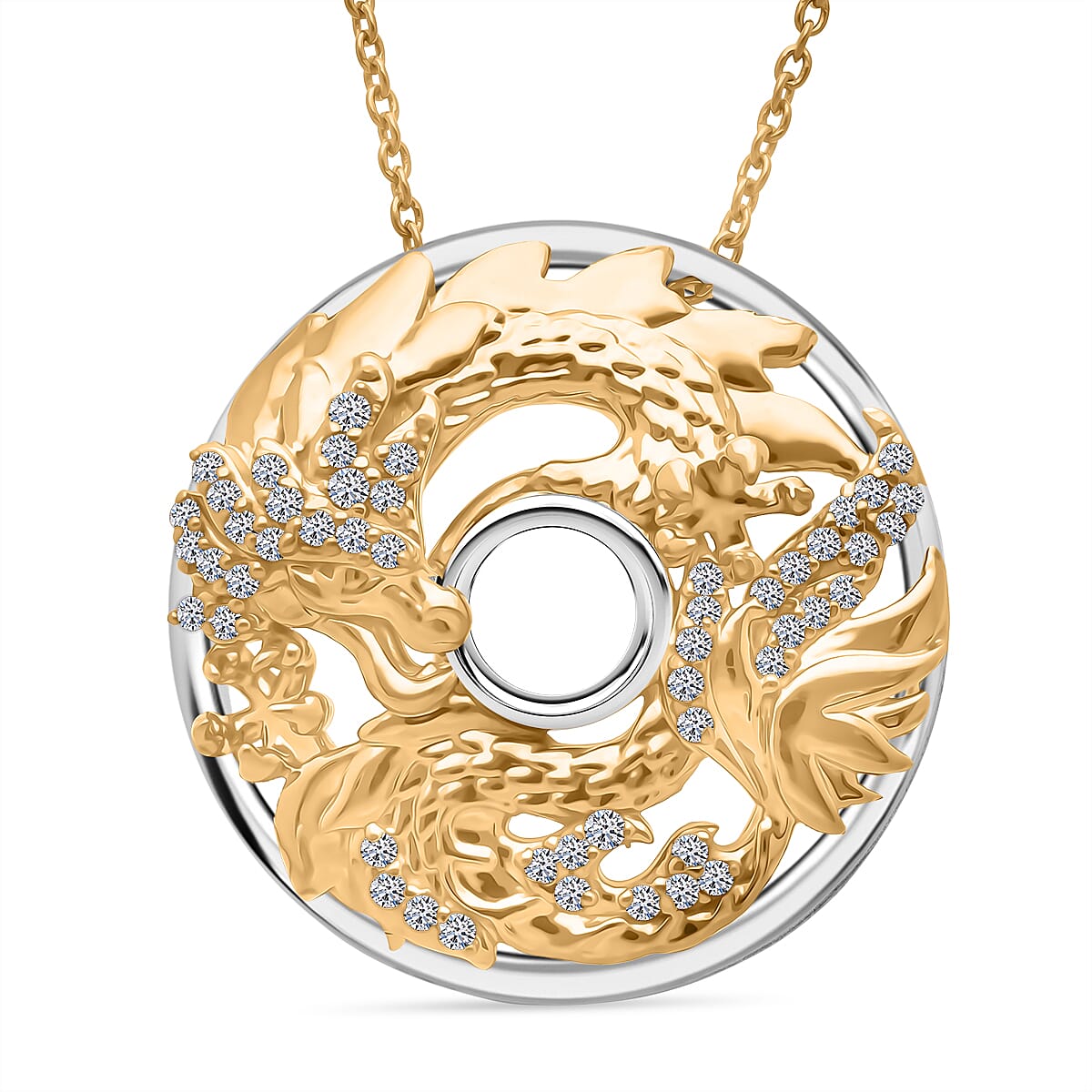 GP Trionfo Collection - White Diamond Kanchanaburi Blue Sapphire Pendant with Chain (Size 18 - 2) in Rhodium Overlay & Yellow Gold Plated Sterling Silver