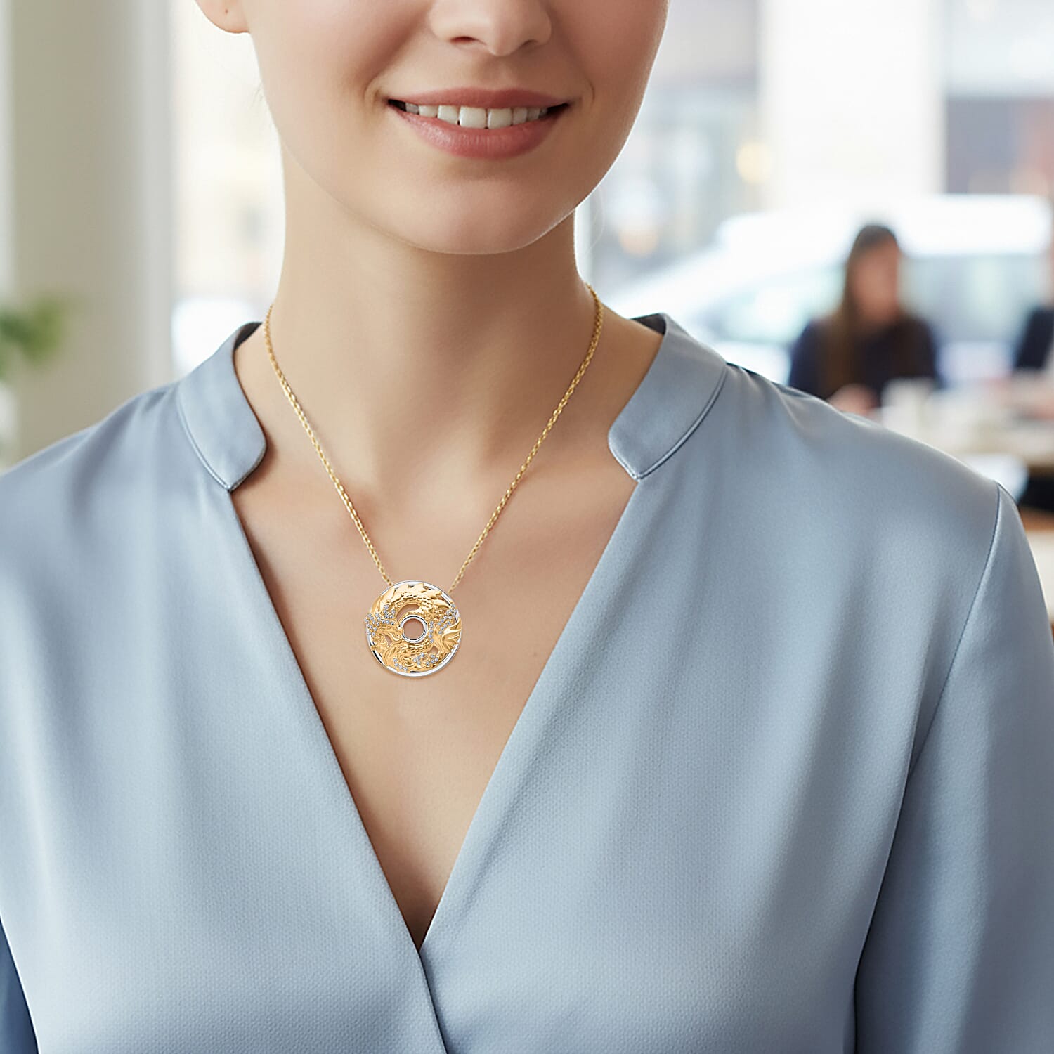 GP Trionfo Collection - White Diamond Kanchanaburi Blue Sapphire Pendant with Chain (Size 18 - 2) in Rhodium Overlay & Yellow Gold Plated Sterling Silver