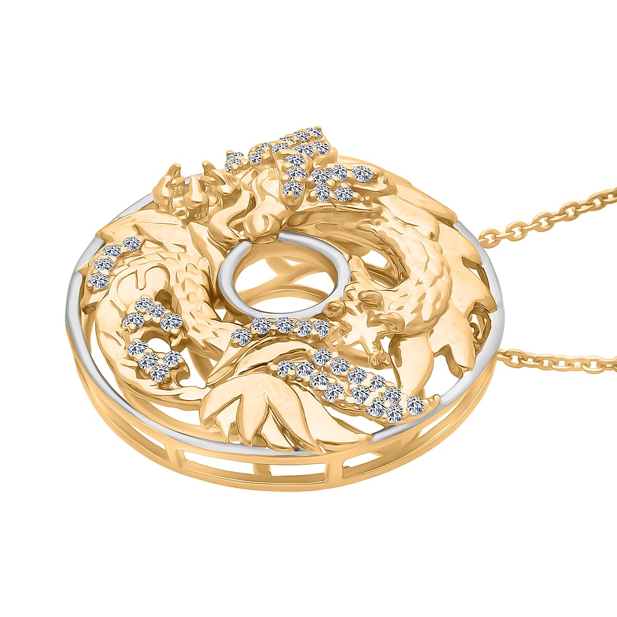 GP Trionfo Collection - White Diamond Kanchanaburi Blue Sapphire Pendant with Chain (Size 18 - 2) in Rhodium Overlay & Yellow Gold Plated Sterling Silver