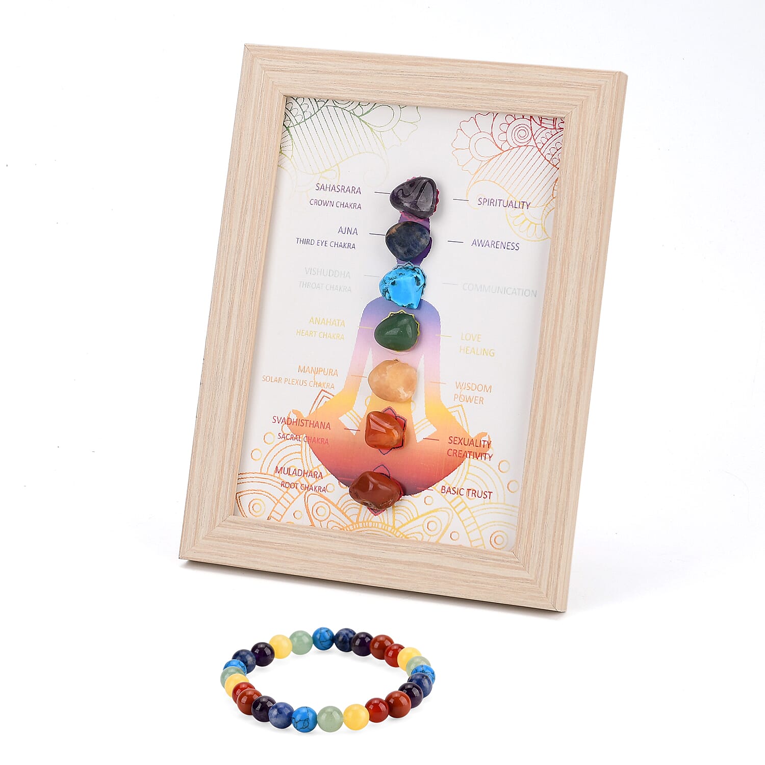 Multi-Gemstone 7 Chakra Healing Crystal Gift Set- Photo Case & Stretchable Bracelet (7.8-8 inch)