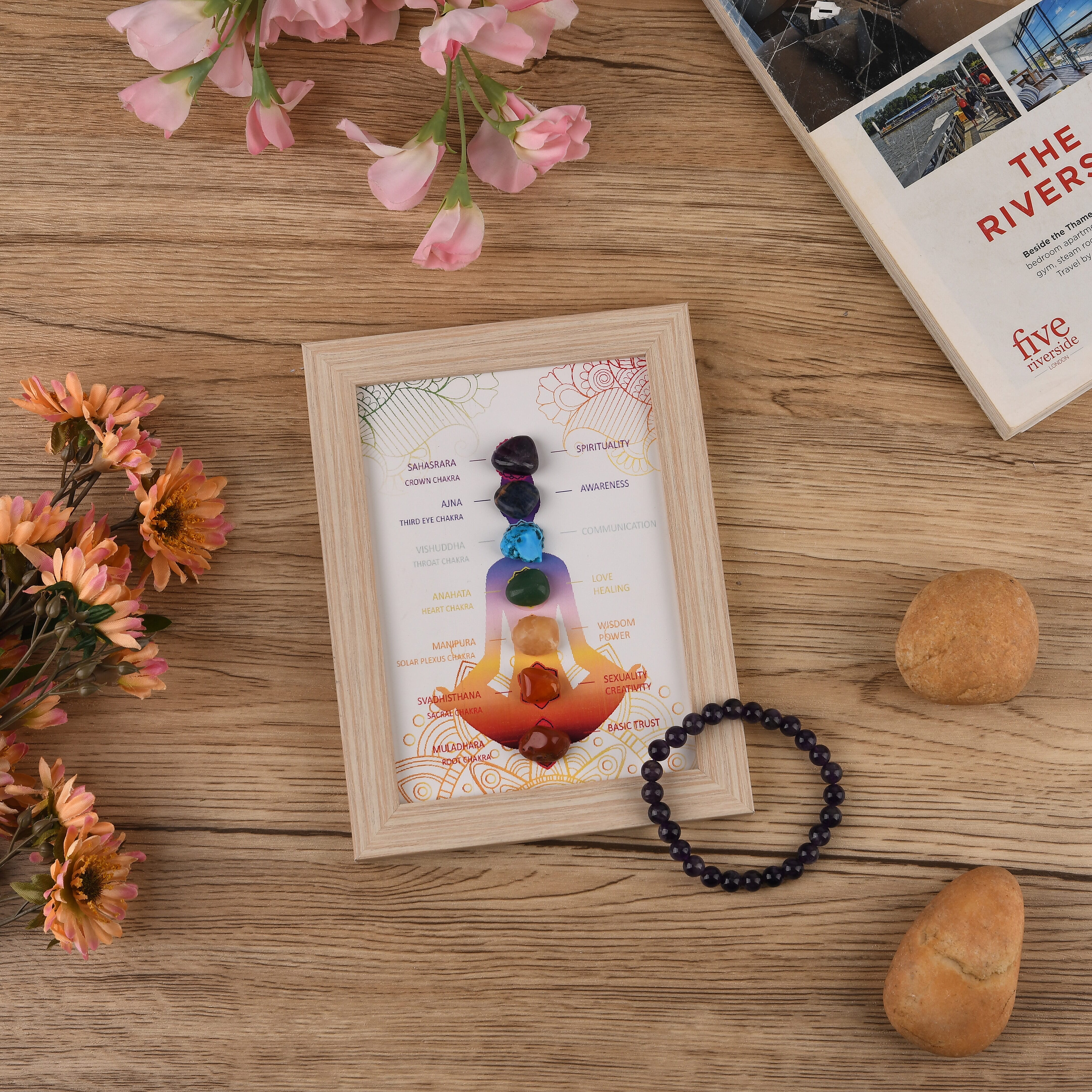 Multi-Gemstone 7 Chakra Healing Crystal Gift Set- Photo Case & Amethyst Beads Stretchable Bracelet (7.8-8 inch)