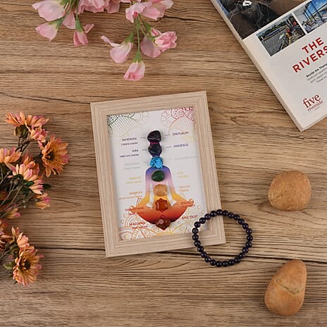 Multi-Gemstone 7 Chakra Healing Crystal Gift Set- Photo Case & Amethyst Beads Stretchable Bracelet (7.8-8 inch)