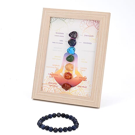 Multi-Gemstone 7 Chakra Healing Crystal Gift Set- Photo Case & Sodalite Beads Stretchable Bracelet (7.8-8 inch)