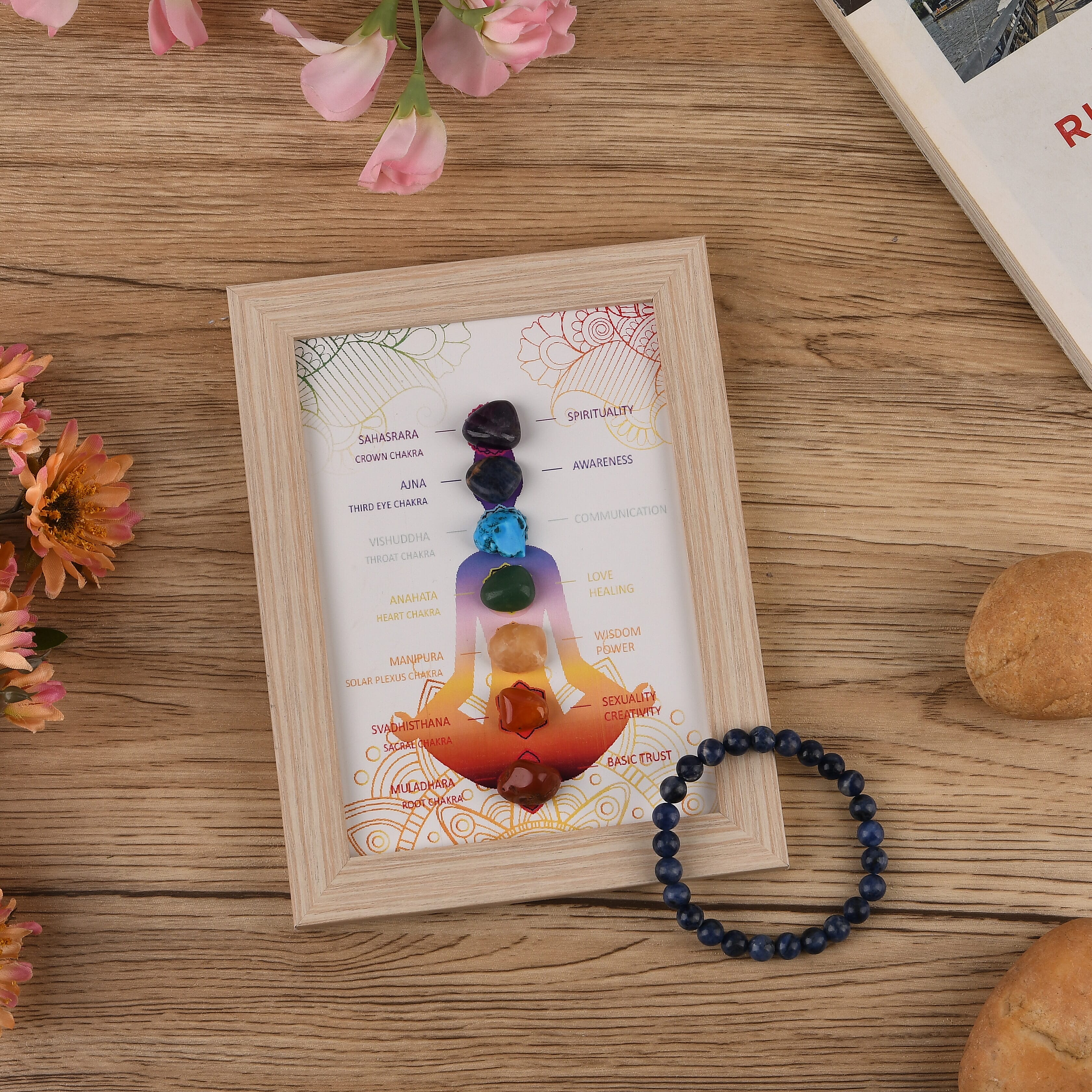 Multi-Gemstone 7 Chakra Healing Crystal Gift Set- Photo Case & Sodalite Beads Stretchable Bracelet (7.8-8 inch)